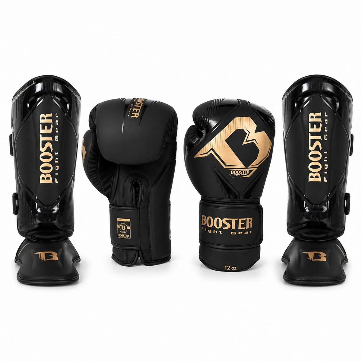 Booster Bangkok Kampfset mit schwarz-goldenen Boxhandschuhen und Schienbeinschonern